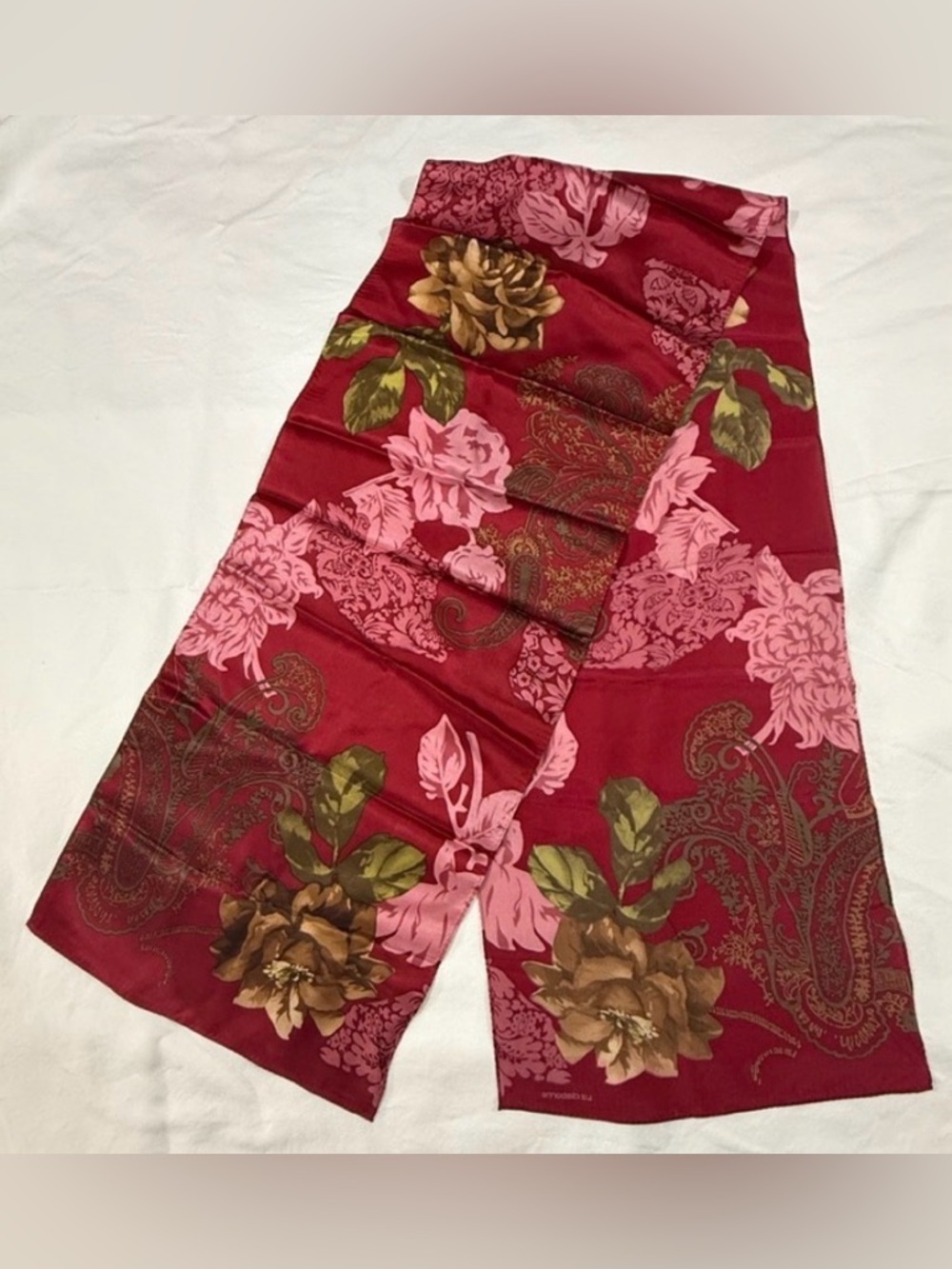 Liz Claiborne Floral Silk Scarf Burgundy Pink Gold Paisley Romance Poetic